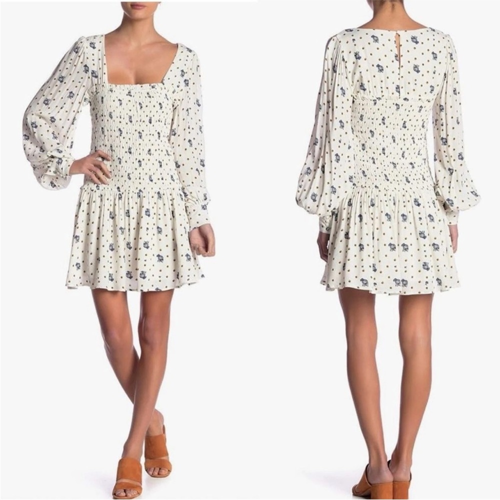 Free People Floral Two Faces Mini Dress Sz S White Smocked Long Sleeve Flowy